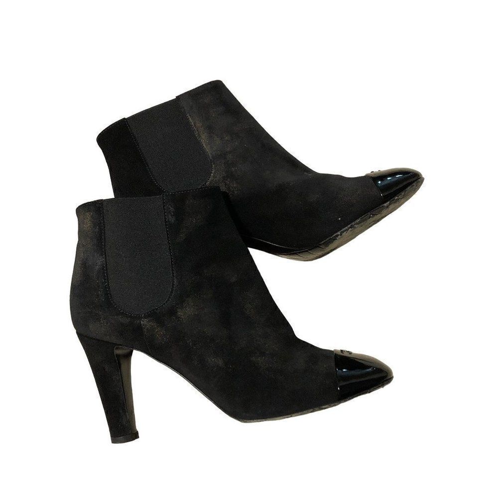 CHANEL CC Womens Heels Ankle Boots Booties Black Leather Size 38